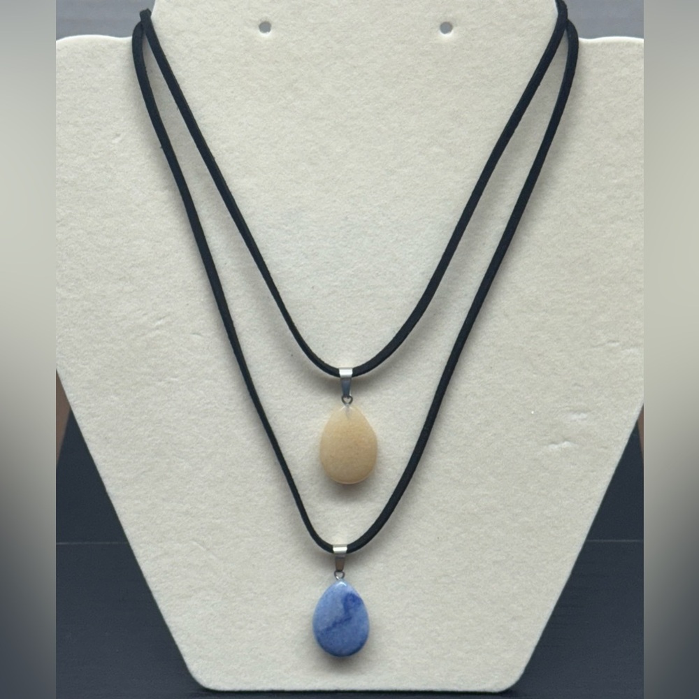 Set of 2 Natural Stone Drop Pendant Suede & Faux
Leather String Cord Necklaces